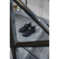 Black Amblers Safety vegan-friendly shoes, size 6, with yellow logo, lace-up design, and slip-resistant soles.