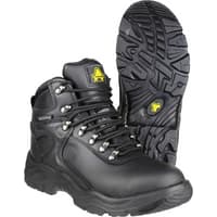 Black leather Amblers safety boots, size 13, with metal eyelets, padded collar, and rugged slip-resistant soles.