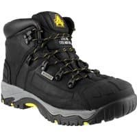 Black Amblers Safety waterproof boot with yellow accents, reinforced toe, and rugged sole, size 10.5.