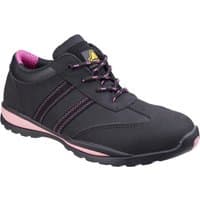 Black Amblers Safety trainer with pink accents, lace-up design, and reinforced toe, size 7.