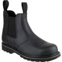 Black leather pull-on safety dealer boot with elastic side panels and rugged sole, size 10, by Amblers Safety.