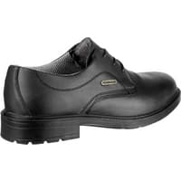 Black leather Amblers safety shoe, lace-up design, padded collar, slip-resistant sole, metal eyelets, size 12.