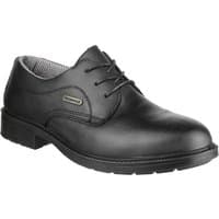 Black leather Amblers safety shoe, lace-up design, padded collar, slip-resistant sole, and branded side tag.