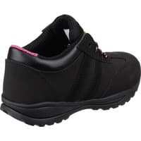 Black Amblers Safety trainer with pink accents, padded collar, and slip-resistant sole, size 9.