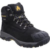 Black Amblers Safety boot, size 9, with reinforced toe, padded collar, and yellow logo on the side.
