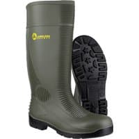 Green Amblers Safety Wellington boots, size 6.5, with textured soles and yellow logo on the side.