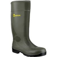 Green Amblers Safety Wellington boot, size 7, with reinforced toe and textured sole, yellow logo on the side.