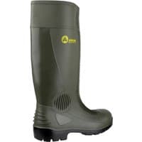 Green Amblers Safety Wellington boot, size 9, with reinforced toe and textured sole, featuring yellow logo.