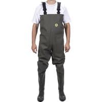 Green chest waders with black adjustable straps, knee-high boots, and a yellow logo on the chest.