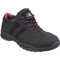 Black Amblers Safety FS706 Sophie trainer with pink lining, pink-striped laces, and reinforced toe.
