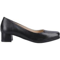 Black leather court shoe with low block heel and rounded toe, size 6.5.