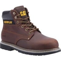 Brown Caterpillar men's safety boot with yellow logo, black padded collar, and rugged sole.