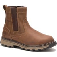 Brown Caterpillar Pelton safety boot, slip-on style with elastic side panels, rugged sole, and reinforced stitching.