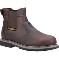 Brown Caterpillar Powerplant Dealer Boots, UK 6, with elastic side panels, pull tab, and rugged sole.