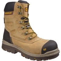 Caterpillar tan safety boot, size 11, with black toe cap, yellow laces, and reinforced ankle support.