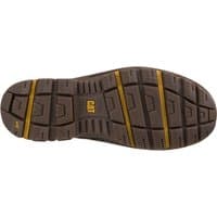 Brown Caterpillar safety boot sole with yellow accents, deep tread patterns, and logo in the center.