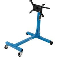 Blue Draper engine stand with black adjustable mounting plate and four caster wheels.