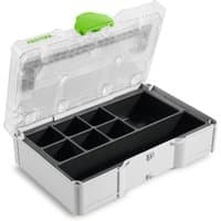 Festool Systainer SYS3 S 76 case with clear lid, green latch, and black storage organiser insert with multiple compartments.