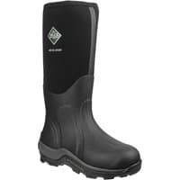 Black Muck Boot Arctic Sport Wellington Boots with high shaft, rugged sole, and green logo on the side.