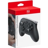 Black Nintendo Switch 2 Pro Controller with ergonomic grips and dual analog sticks in red and white packaging.