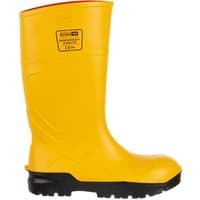 Yellow Portwest PU Safety Wellington Boots with black sole, UK size 12, featuring reinforced toe and textured grip.