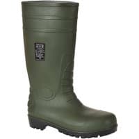 Green Portwest Wellington boots, UK size 13, with reinforced toe and textured sole for safety.