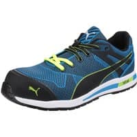 Blue and black Puma safety shoe with green accents, mesh upper, and reinforced toe, size 6.5.