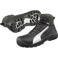 Black and grey Puma safety boot with white stripe, rugged sole, and ankle-high design, size 12.