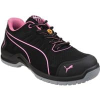Black and pink Puma safety trainer with mesh upper, pink accents, and rubber sole, size 5.