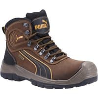 Brown Puma Safety Sierra Nevada Mid Boot, black accents, reinforced toe, size 11, with yellow logo and rugged sole.