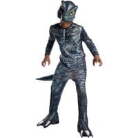 Velociraptor Blue dinosaur costume for ages 8-10, featuring a blue scaly jumpsuit, tail, and detailed mask.