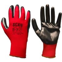 Red and black Scan nitrile coated knitted gloves, size XL, with logo and safety markings on the back.