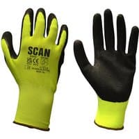 Hi-Vis yellow foam latex coated gloves with black palms and "SCAN" logo, size L (9).