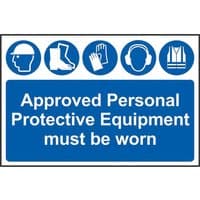 Blue and white PVC sign with icons of helmet, boots, gloves, ear protection, vest; text "Approved PPE must be worn".
