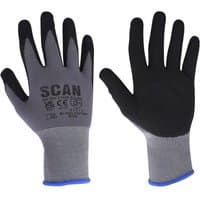Gray and black Scan breathable microfoam nitrile gloves, size M, with blue cuffs and printed text on the back.