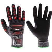 Black and red Scan nitrile palm impact cut gloves, size 8, with reinforced knuckles and textured grip.