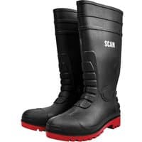 Black Scan safety wellingtons with red soles, reinforced toe, and textured grip, size UK 7 EU 41.