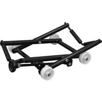 Black Sealey adjustable motorcycle wheel support with white rollers and sturdy metal frame.