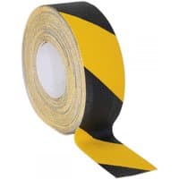 Black and yellow striped anti-slip tape roll, 50mm wide, 18m long, self-adhesive, by Sealey.