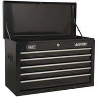 Black Sealey topchest with five drawers, ball-bearing slides, and metal handles, featuring a sleek rectangular design.