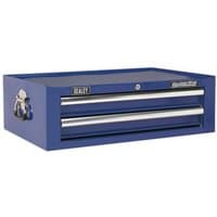 Blue Sealey mid-box with two drawers, ball-bearing slides, and side handles.