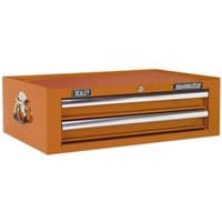 Orange Sealey mid-box with two drawers, ball-bearing slides, and metal handles.