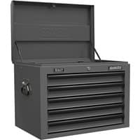 Grey/black Sealey 5-drawer topchest with ball-bearing slides, metal handles, and lift-up lid.
