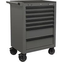 Sealey grey rollcab with 7 drawers, ball-bearing slides, black top, side handle, and four large caster wheels.