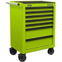 Green and black Sealey rollcab with 7 drawers, ball-bearing slides, and sturdy caster wheels.