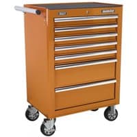 Orange Sealey rollcab with 7 drawers, ball-bearing slides, side handle, and four caster wheels.