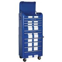 Blue and white striped Sealey tool chest combo with 10 drawers, retro style, topchest, mid-box, and rollcab on wheels.