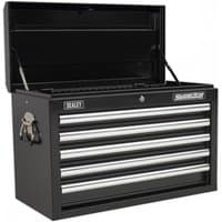 Black Sealey topchest with five drawers, ball-bearing slides, and metal handles.
