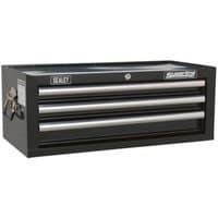 Black Sealey mid-box with three drawers, ball-bearing slides, and silver handles, includes lock and keys.