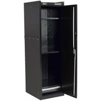 Black Sealey hang-on locker with open door, three shelves, and a sleek vertical handle.
